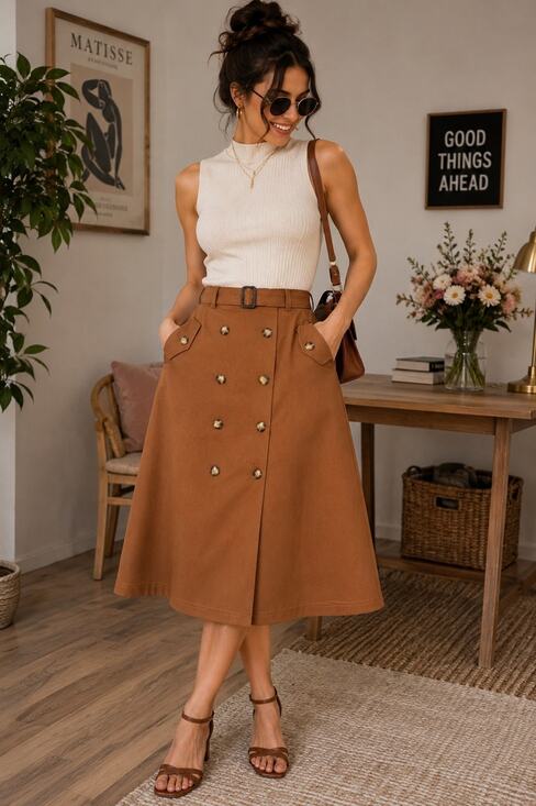 Tulip B Dresses & Skirts - Tulip B Midi A-Line Skirt Belted Double Breasted Button Front & Pockets Large